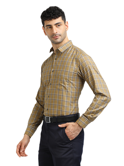 Model wearing Clarke Gable's Mustard Yellow With Blue Checked Formal Shirt in a casual setting