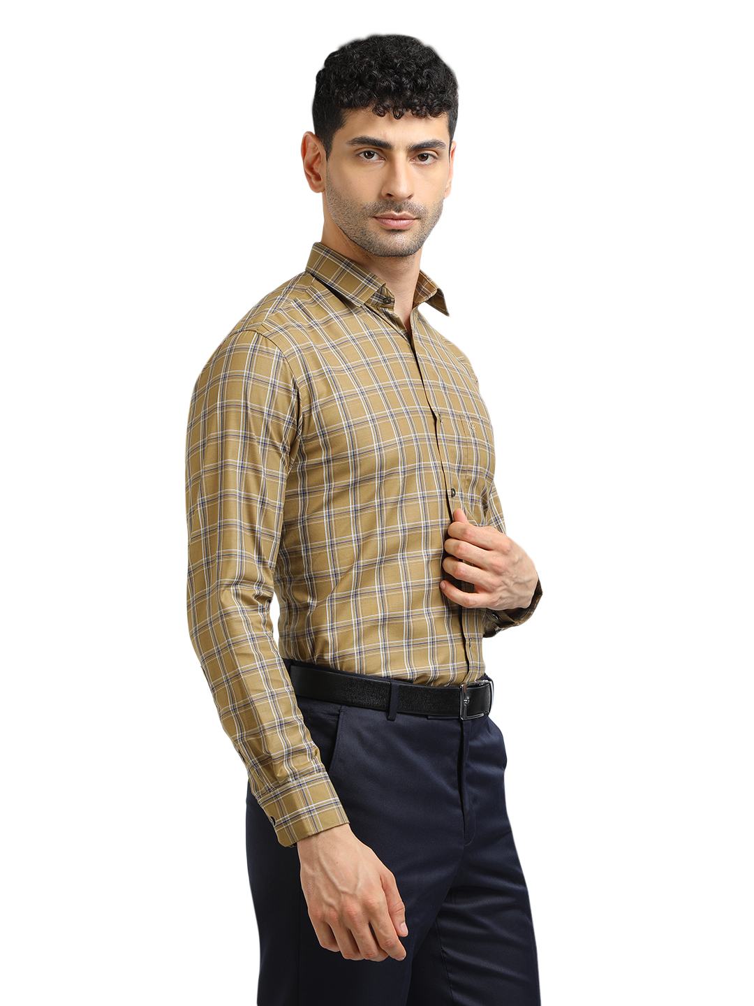 Model wearing Clarke Gable's Mustard Yellow With Blue Checked Formal Shirt in a casual setting