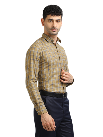 Model wearing Clarke Gable's Mustard Yellow With Blue Checked Formal Shirt in a casual setting
