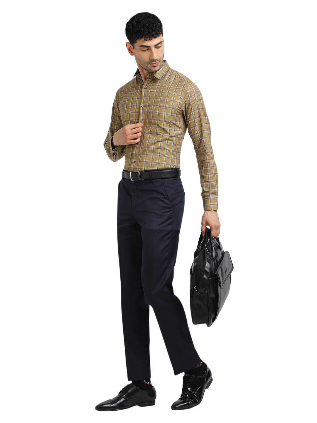 Model wearing Clarke Gable's Mustard Yellow With Blue Checked Formal Shirt in a casual setting