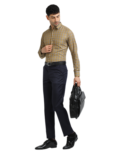 Model wearing Clarke Gable's Mustard Yellow With Blue Checked Formal Shirt in a casual setting