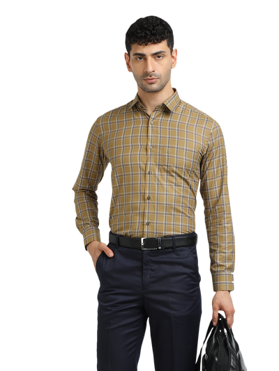 Model wearing Clarke Gable's Mustard Yellow With Blue Checked Formal Shirt in a casual setting