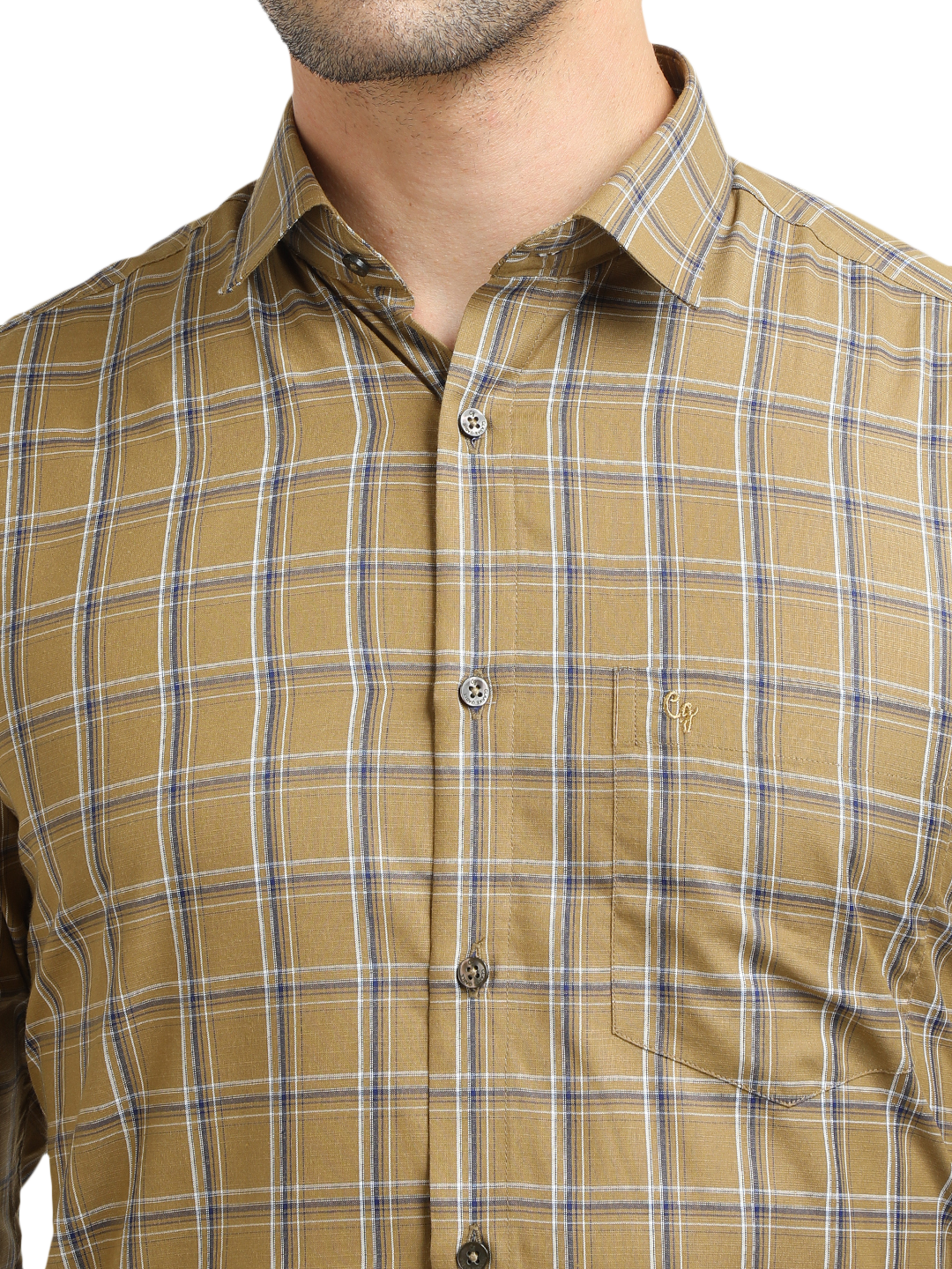Model wearing Clarke Gable's Mustard Yellow With Blue Checked Formal Shirt in a casual setting