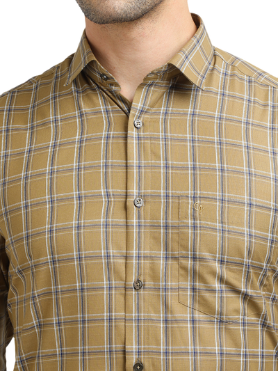 Model wearing Clarke Gable's Mustard Yellow With Blue Checked Formal Shirt in a casual setting