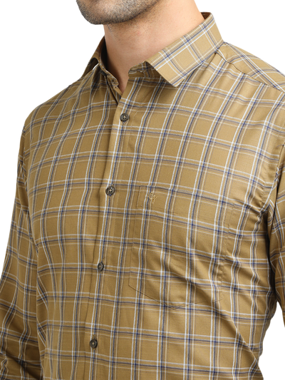 Model wearing Clarke Gable's Mustard Yellow With Blue Checked Formal Shirt in a casual setting