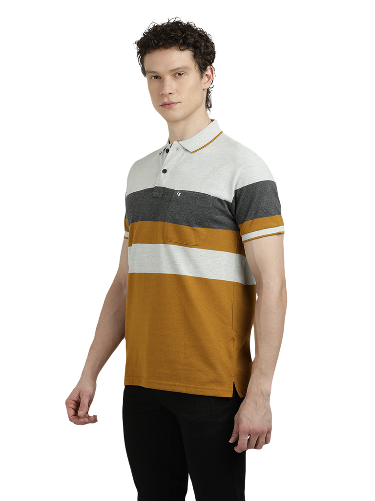 Model wearing Clarke Gable's Mustard Yellow With White Striped Polo Collar T-Shirt in a casual setting