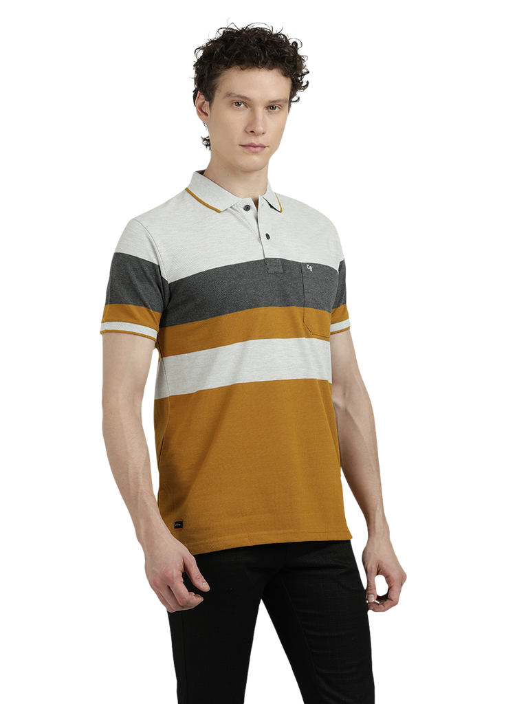 Model wearing Clarke Gable's Mustard Yellow With White Striped Polo Collar T-Shirt in a casual setting