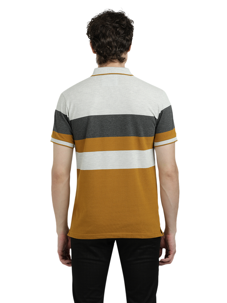 Model wearing Clarke Gable's Mustard Yellow With White Striped Polo Collar T-Shirt in a casual setting