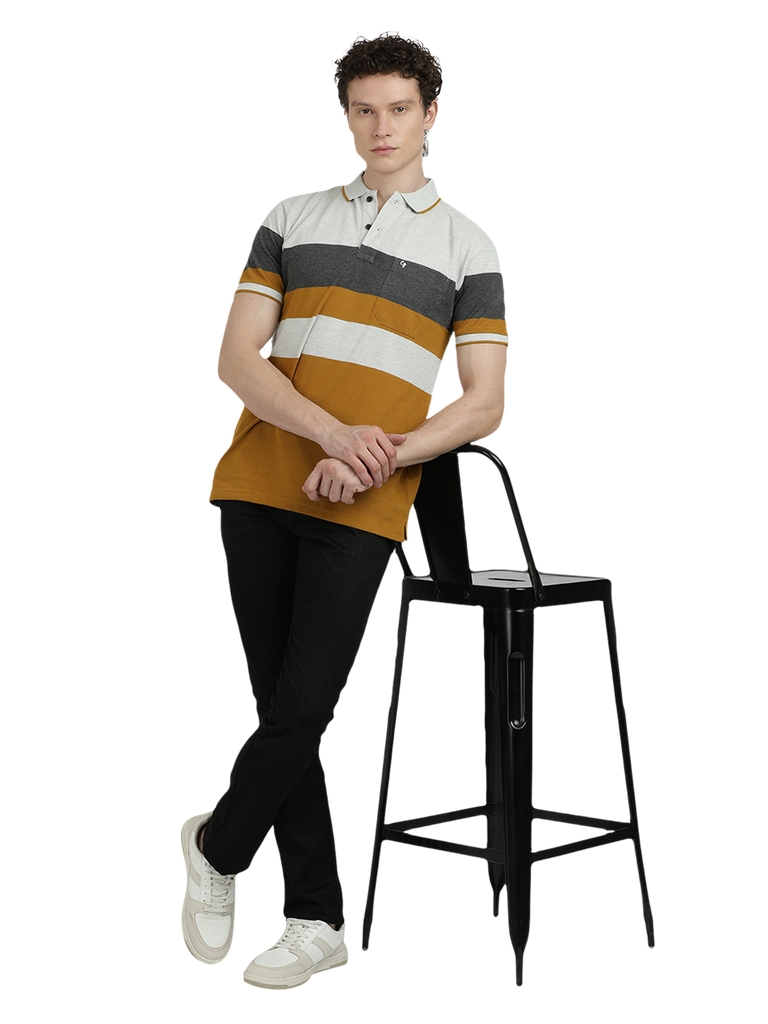 Model wearing Clarke Gable's Mustard Yellow With White Striped Polo Collar T-Shirt in a casual setting