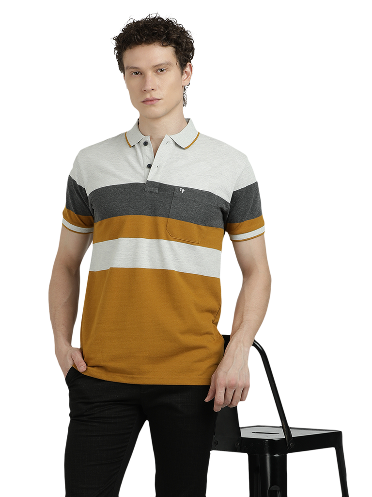 Model wearing Clarke Gable's Mustard Yellow With White Striped Polo Collar T-Shirt in a casual setting