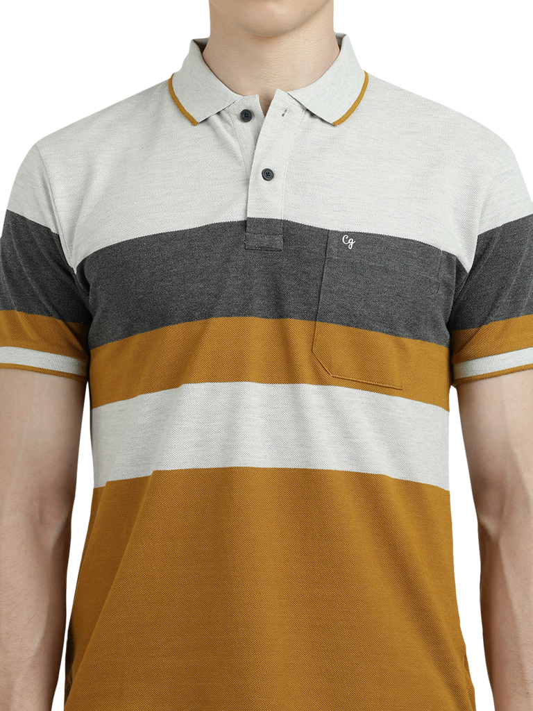 Model wearing Clarke Gable's Mustard Yellow With White Striped Polo Collar T-Shirt in a casual setting