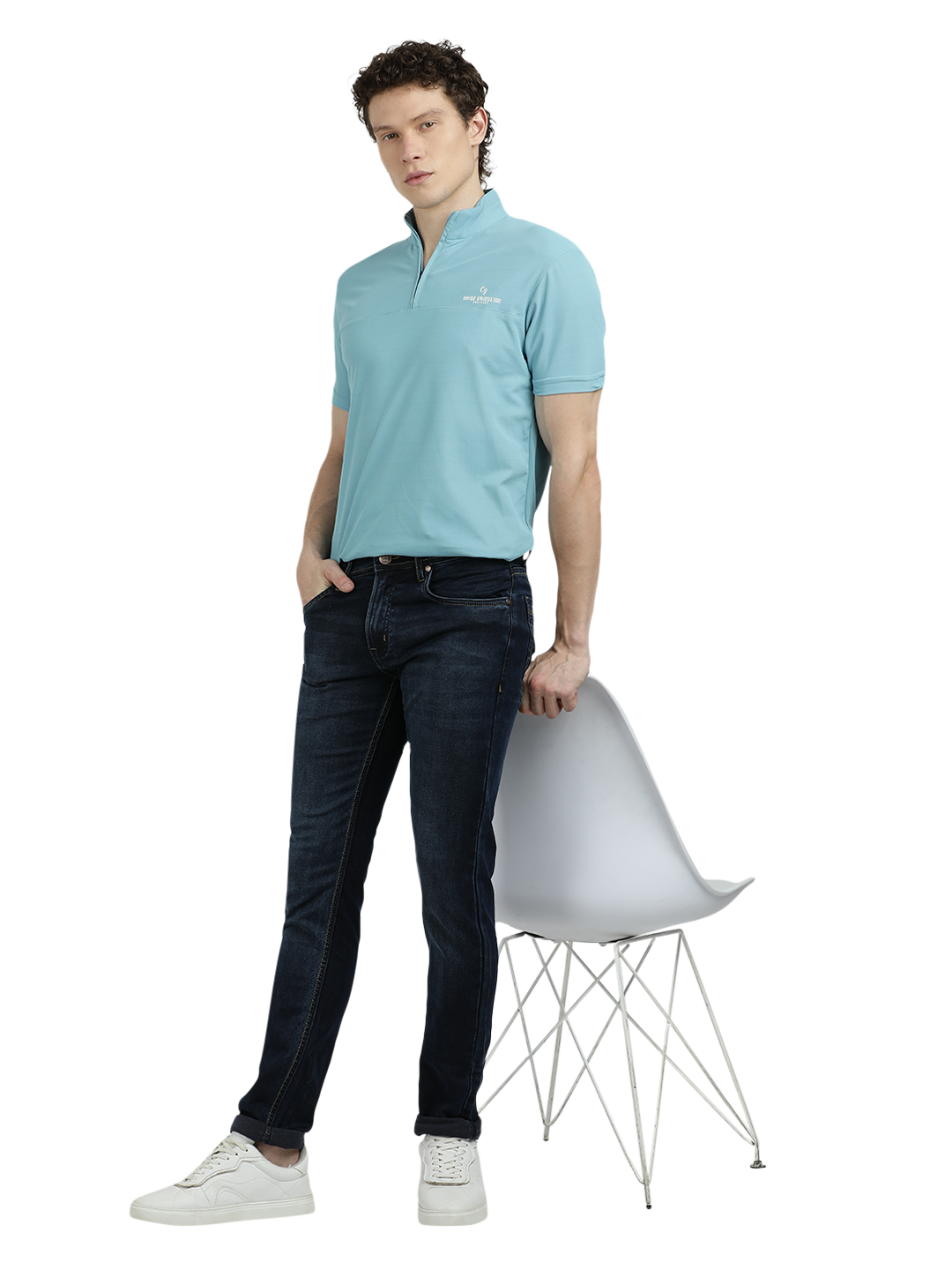 Model wearing Clarke Gable's Navy Blue Faded Skinny Fit Jeans in a casual setting