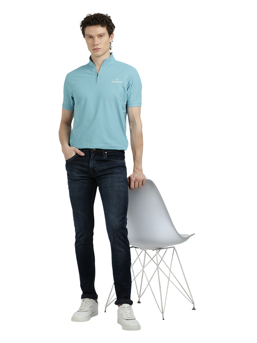 Model wearing Clarke Gable's Navy Blue Faded Skinny Fit Jeans in a casual setting