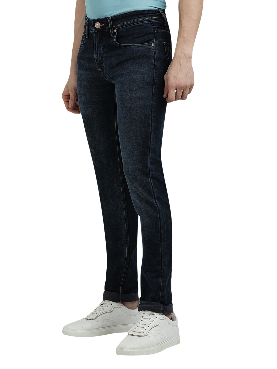 Model wearing Clarke Gable's Navy Blue Faded Skinny Fit Jeans in a casual setting