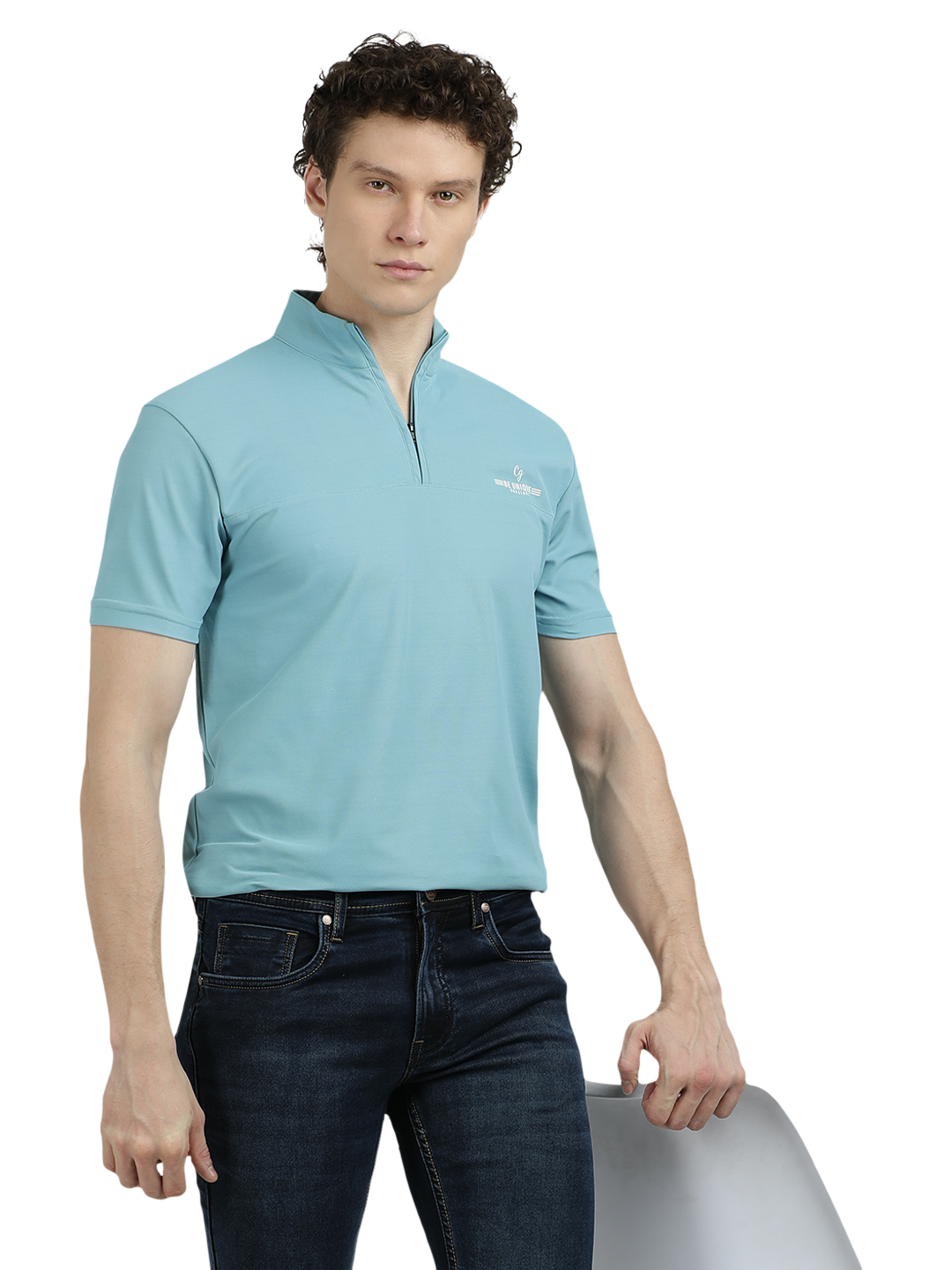 Model wearing Clarke Gable's Navy Blue Faded Skinny Fit Jeans in a casual setting