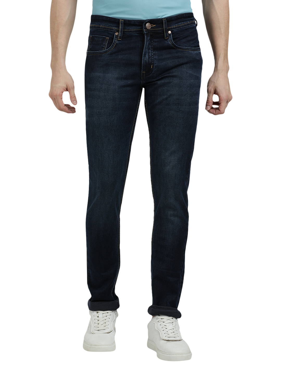 Model wearing Clarke Gable's Navy Blue Faded Skinny Fit Jeans in a casual setting
