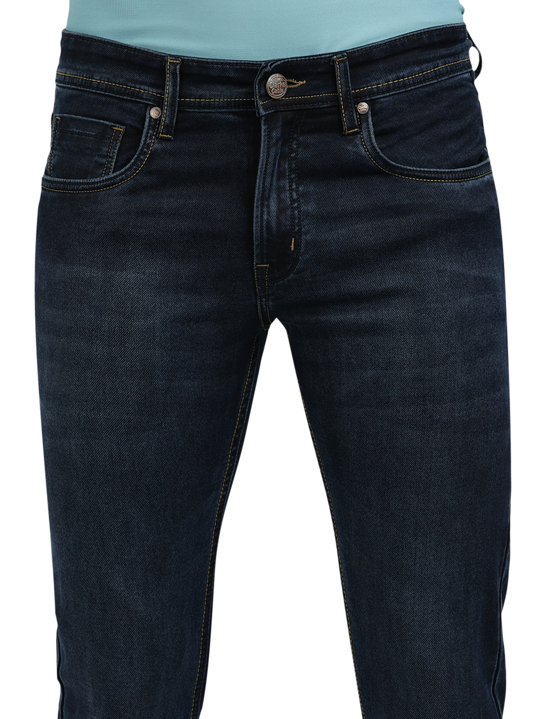 Model wearing Clarke Gable's Navy Blue Faded Skinny Fit Jeans in a casual setting