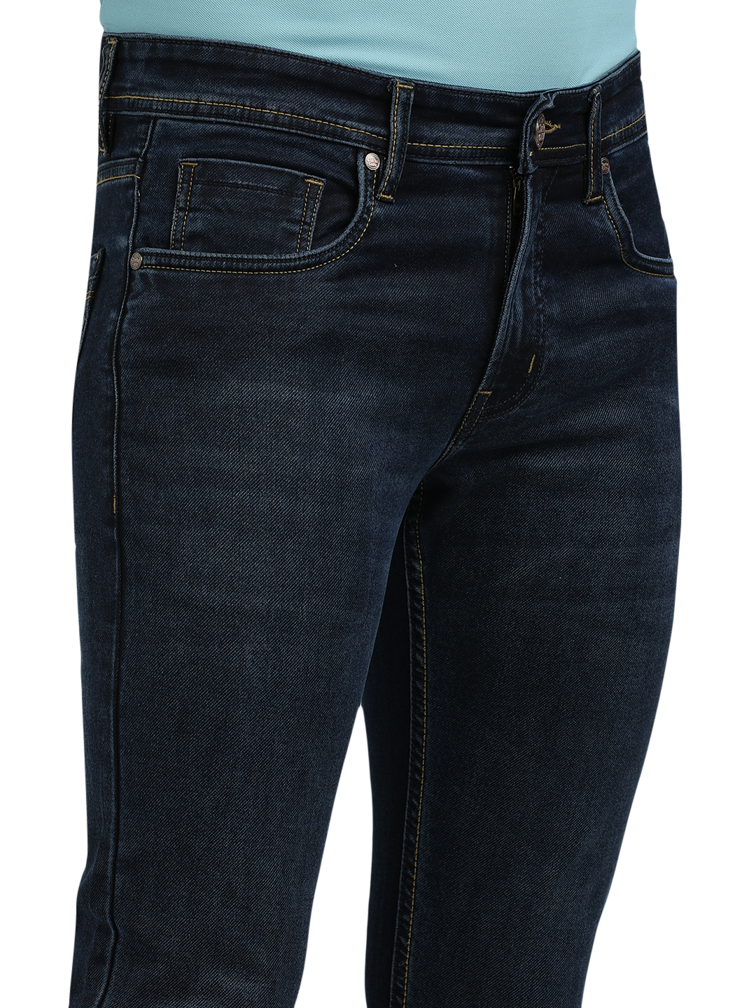 Model wearing Clarke Gable's Navy Blue Faded Skinny Fit Jeans in a casual setting