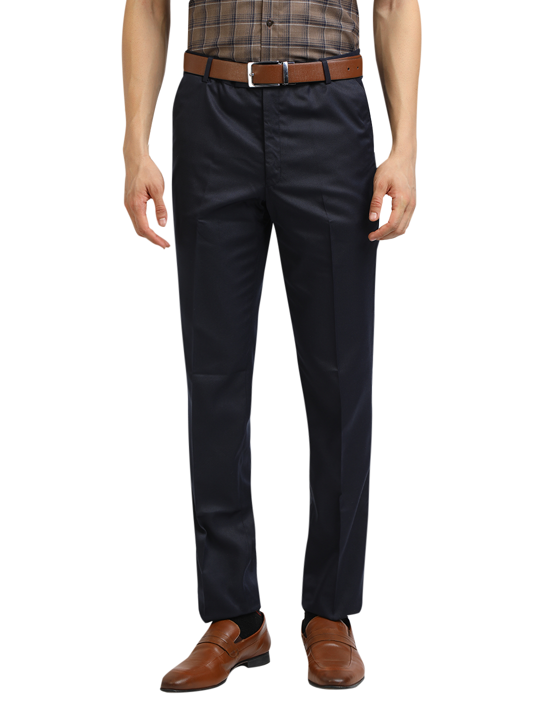 Model wearing Clarke Gable's Navy Blue Casual Fit Trousers in a casual setting