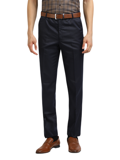 Model wearing Clarke Gable's Navy Blue Casual Fit Trousers in a casual setting
