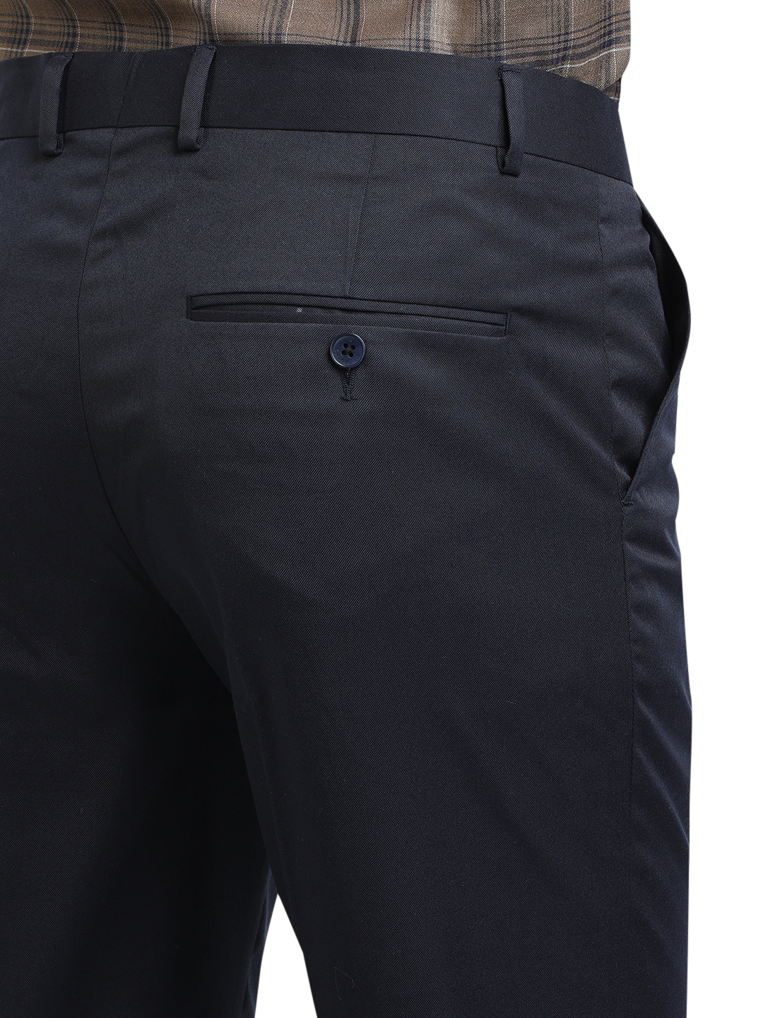 Model wearing Clarke Gable's Navy Blue Casual Fit Trousers in a casual setting