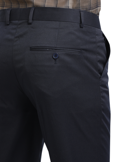 Model wearing Clarke Gable's Navy Blue Casual Fit Trousers in a casual setting