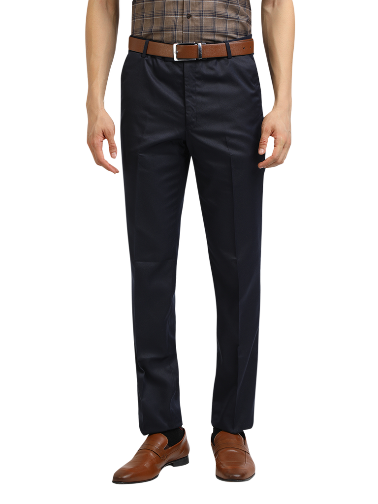 Model wearing Clarke Gable's Navy Blue Casual Fit Trousers in a casual setting