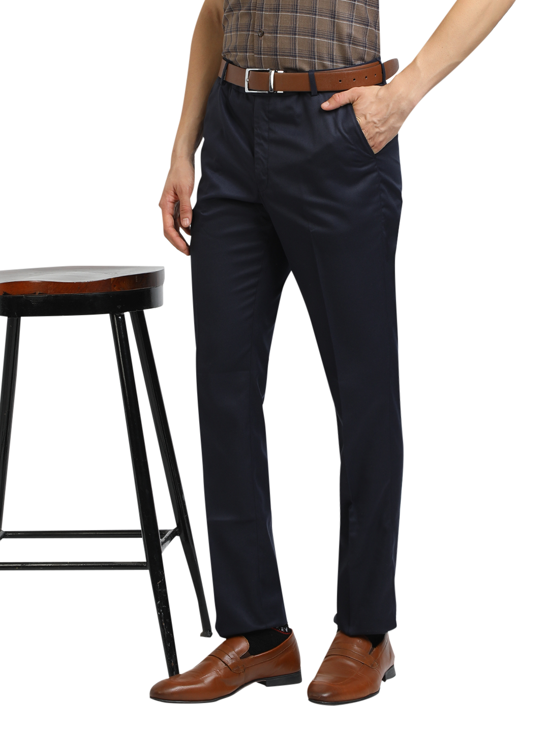 Model wearing Clarke Gable's Navy Blue Casual Fit Trousers in a casual setting