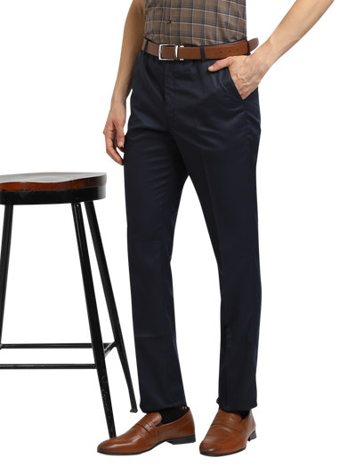Model wearing Clarke Gable's Navy Blue Casual Fit Trousers in a casual setting