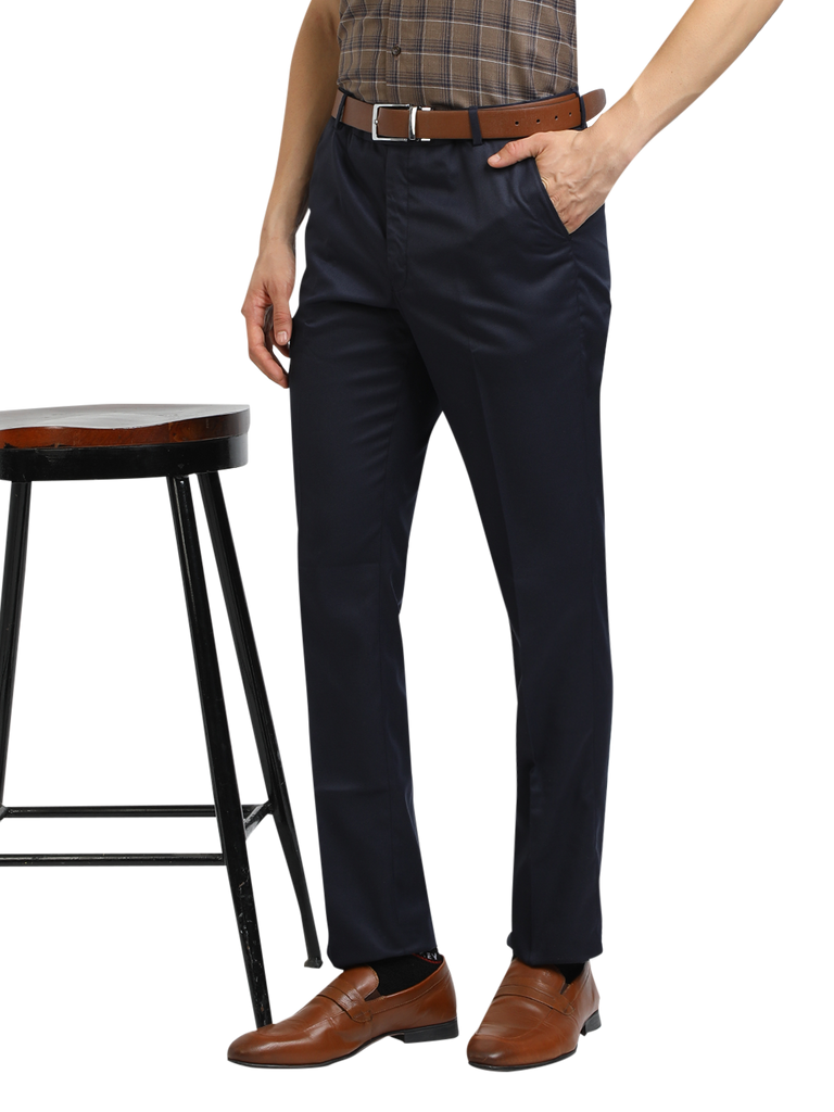 Model wearing Clarke Gable's Navy Blue Casual Fit Trousers in a casual setting