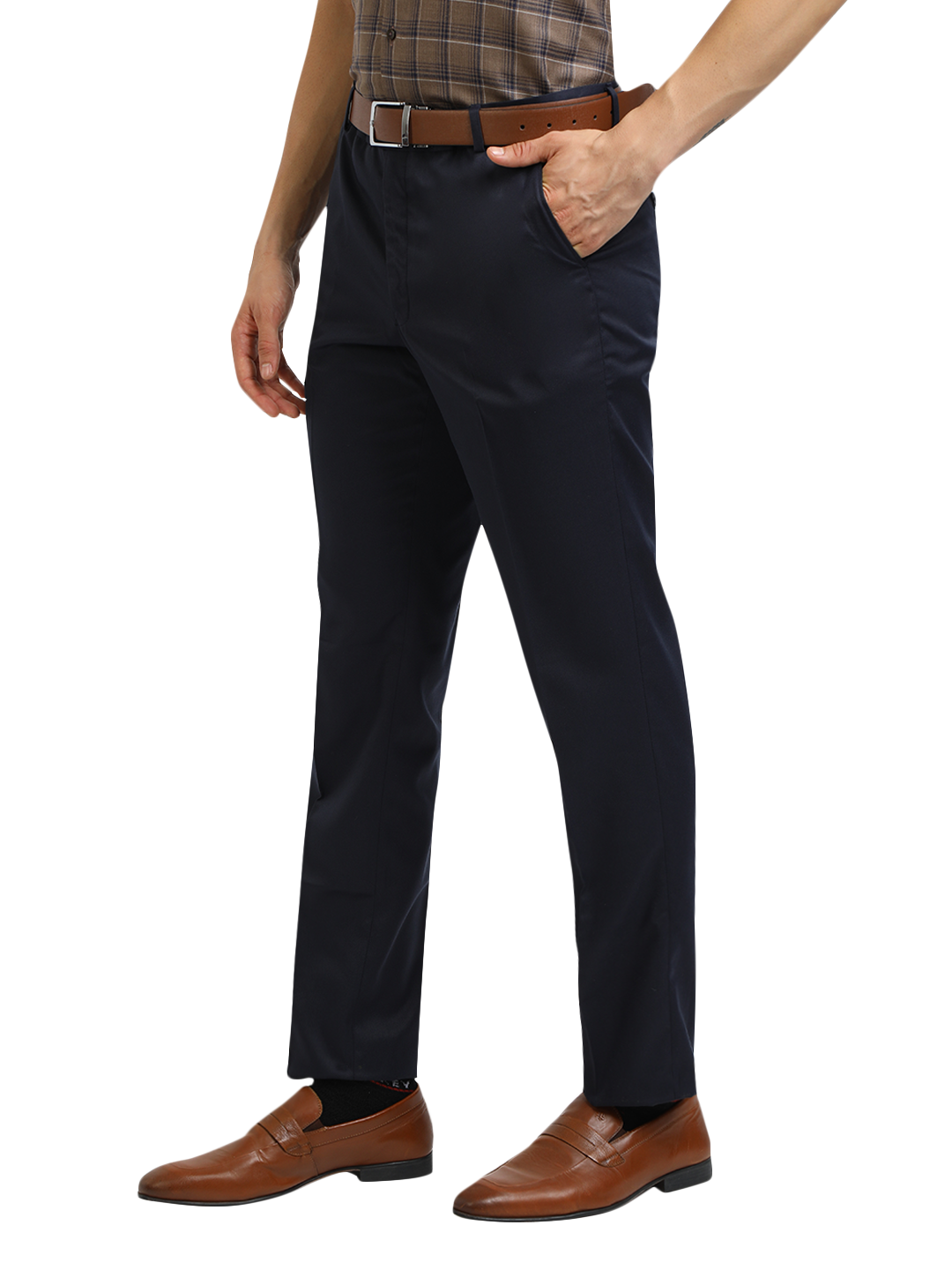 Model wearing Clarke Gable's Navy Blue Casual Fit Trousers in a casual setting