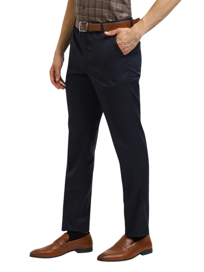 Model wearing Clarke Gable's Navy Blue Casual Fit Trousers in a casual setting