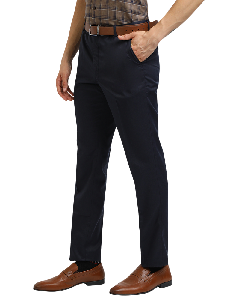 Model wearing Clarke Gable's Navy Blue Casual Fit Trousers in a casual setting