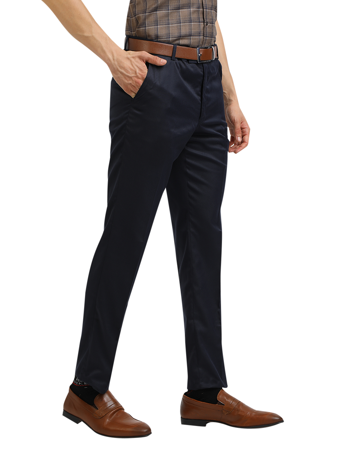Model wearing Clarke Gable's Navy Blue Casual Fit Trousers in a casual setting