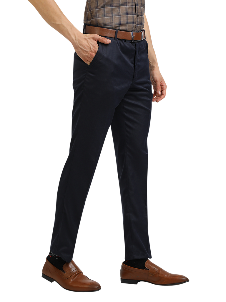 Model wearing Clarke Gable's Navy Blue Casual Fit Trousers in a casual setting