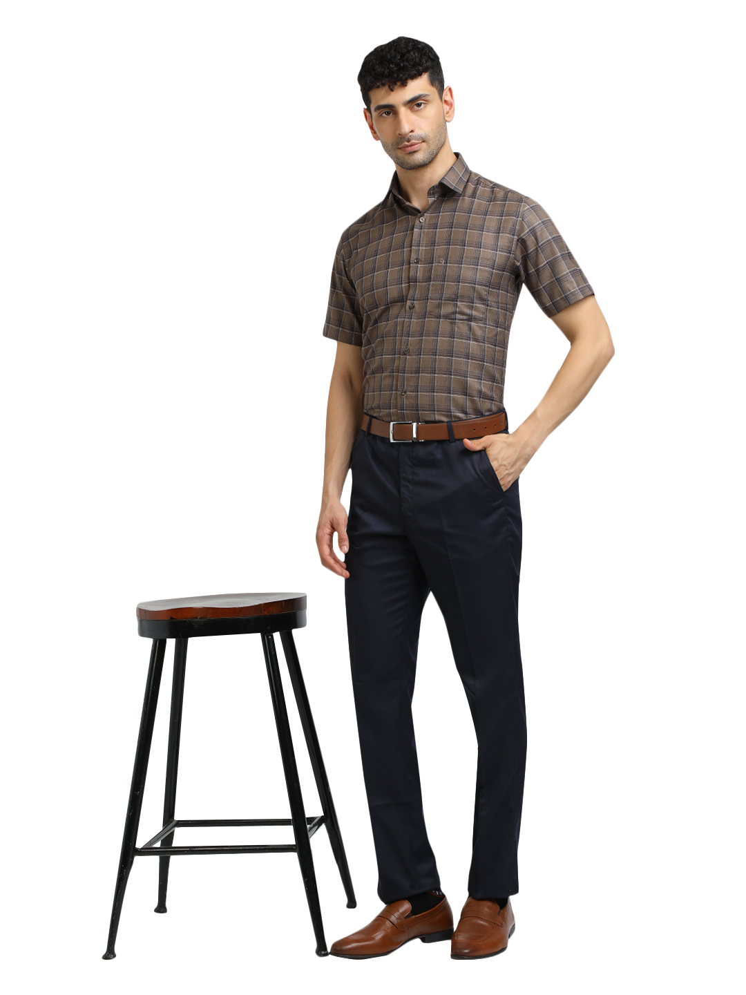 Model wearing Clarke Gable's Navy Blue Casual Fit Trousers in a casual setting