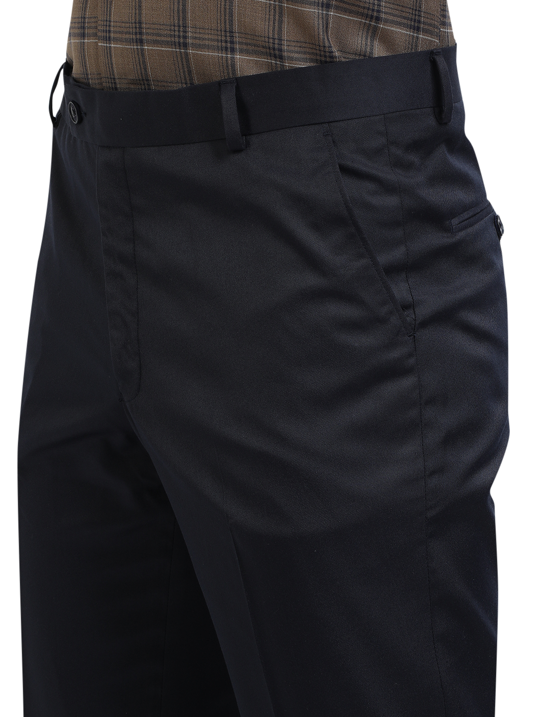 Model wearing Clarke Gable's Navy Blue Casual Fit Trousers in a casual setting