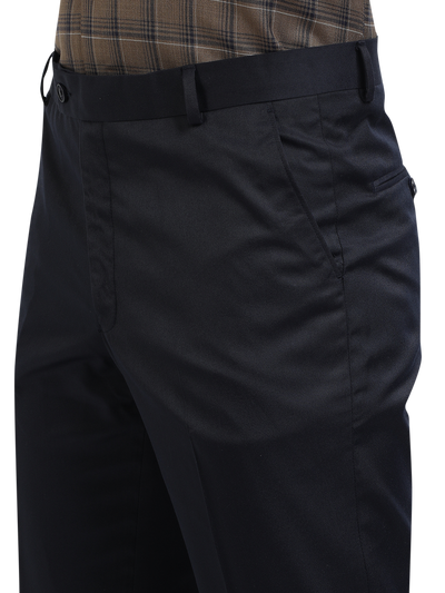 Model wearing Clarke Gable's Navy Blue Casual Fit Trousers in a casual setting