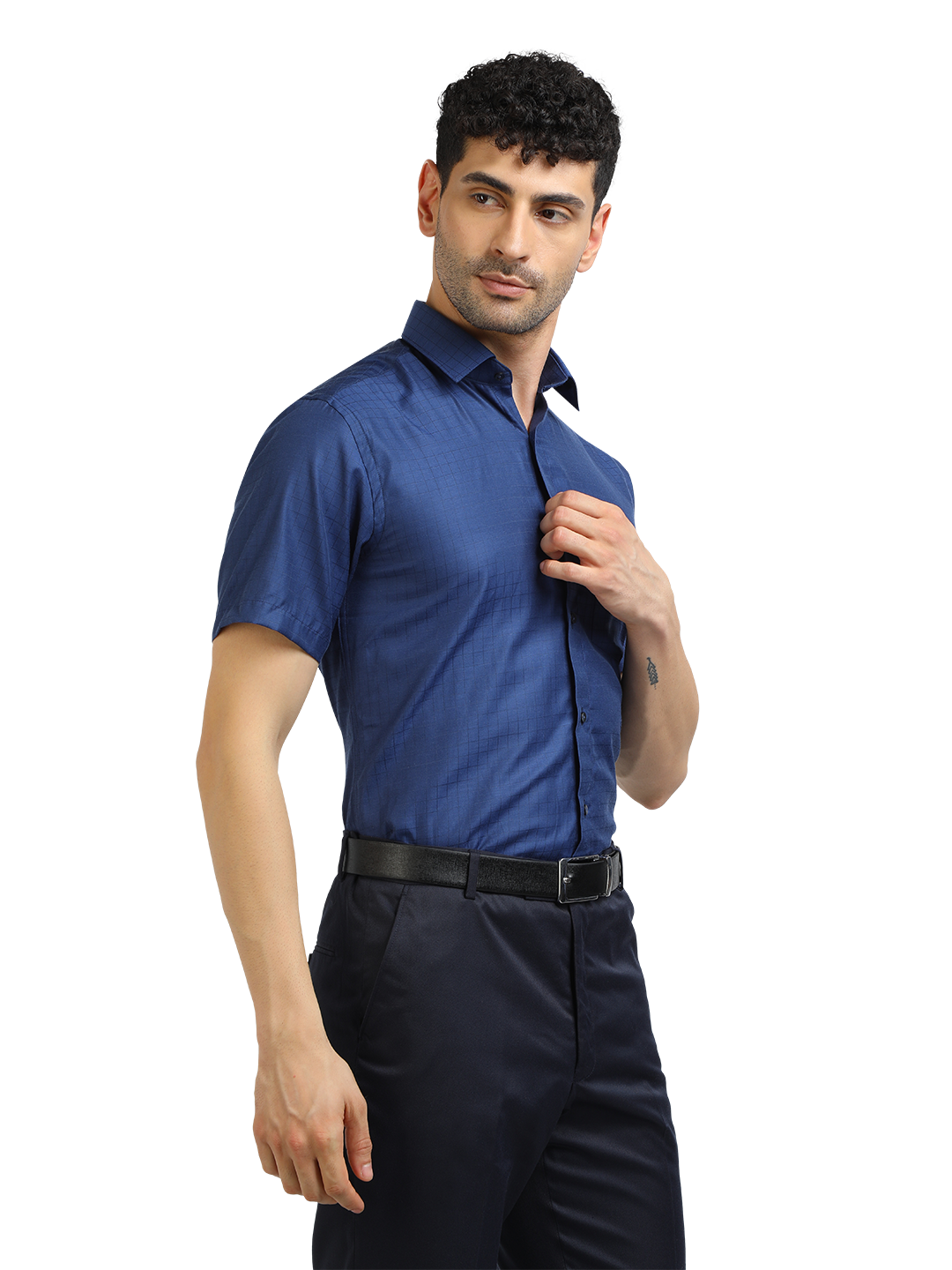 Model wearing Clarke Gable's Navy Blue Checked Formal Shirt in a casual setting