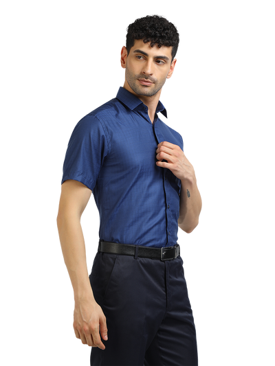 Model wearing Clarke Gable's Navy Blue Checked Formal Shirt in a casual setting