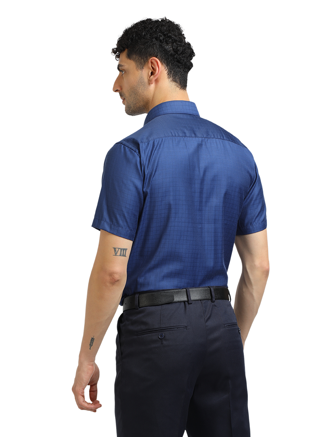 Model wearing Clarke Gable's Navy Blue Checked Formal Shirt in a casual setting