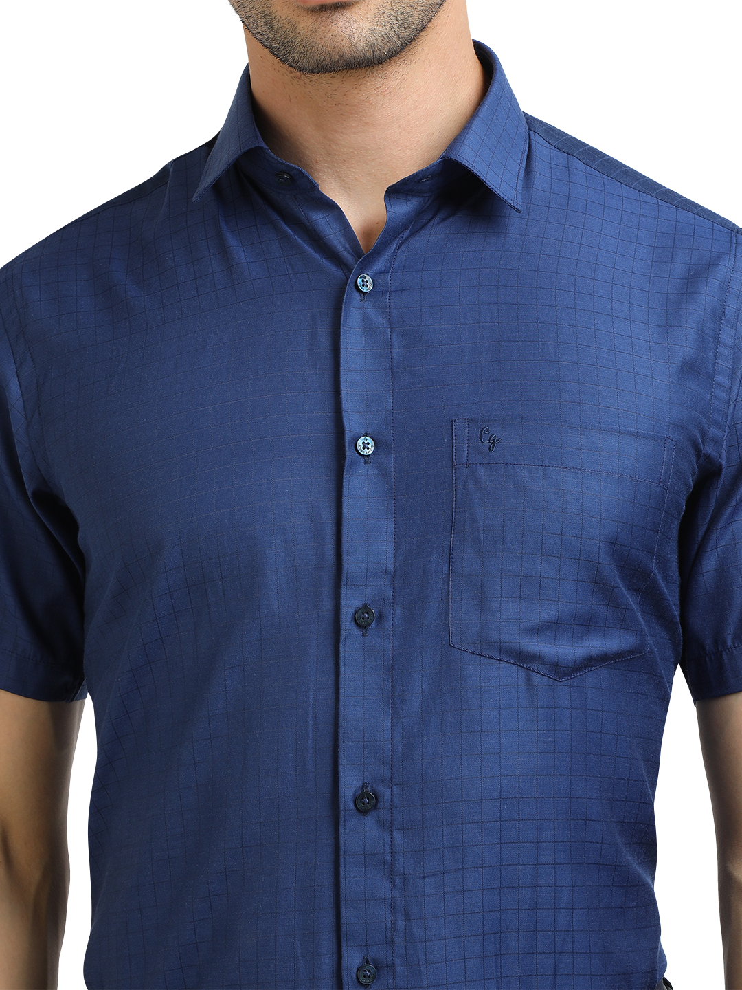 Model wearing Clarke Gable's Navy Blue Checked Formal Shirt in a casual setting