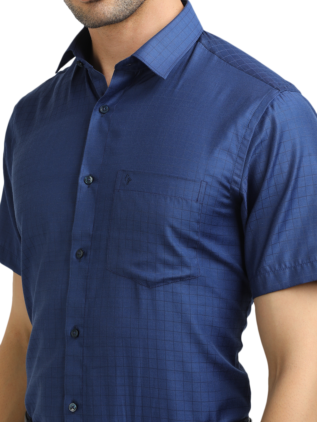 Model wearing Clarke Gable's Navy Blue Checked Formal Shirt in a casual setting