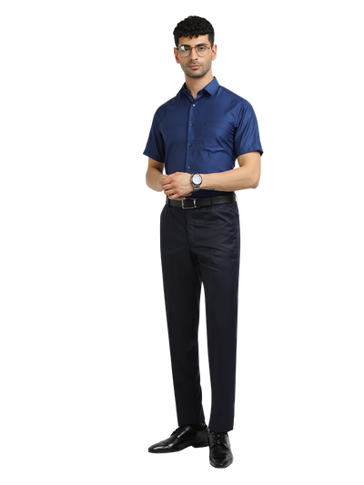 Model wearing Clarke Gable's Navy Blue Checked Formal Shirt in a casual setting