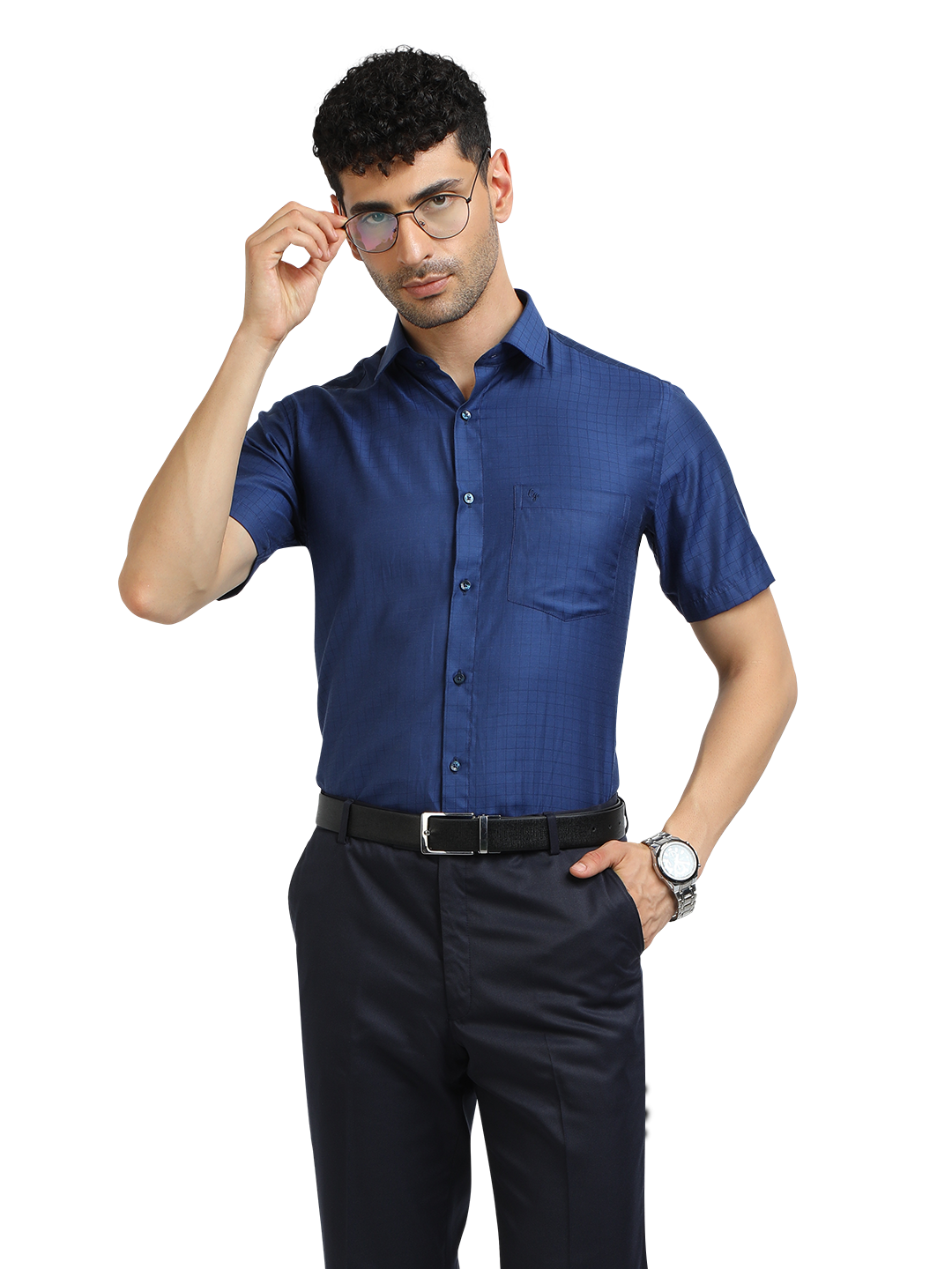 Model wearing Clarke Gable's Navy Blue Checked Formal Shirt in a casual setting