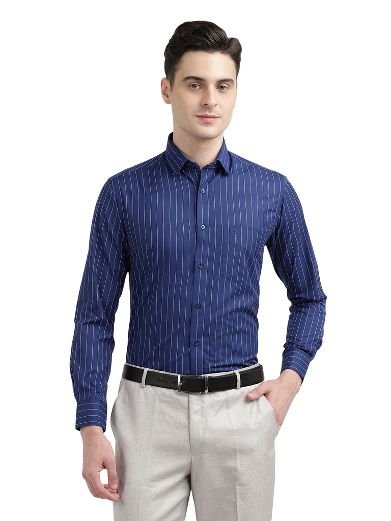 Model wearing Clarke Gable's Navy Blue Striped Formal Shirt in a casual setting