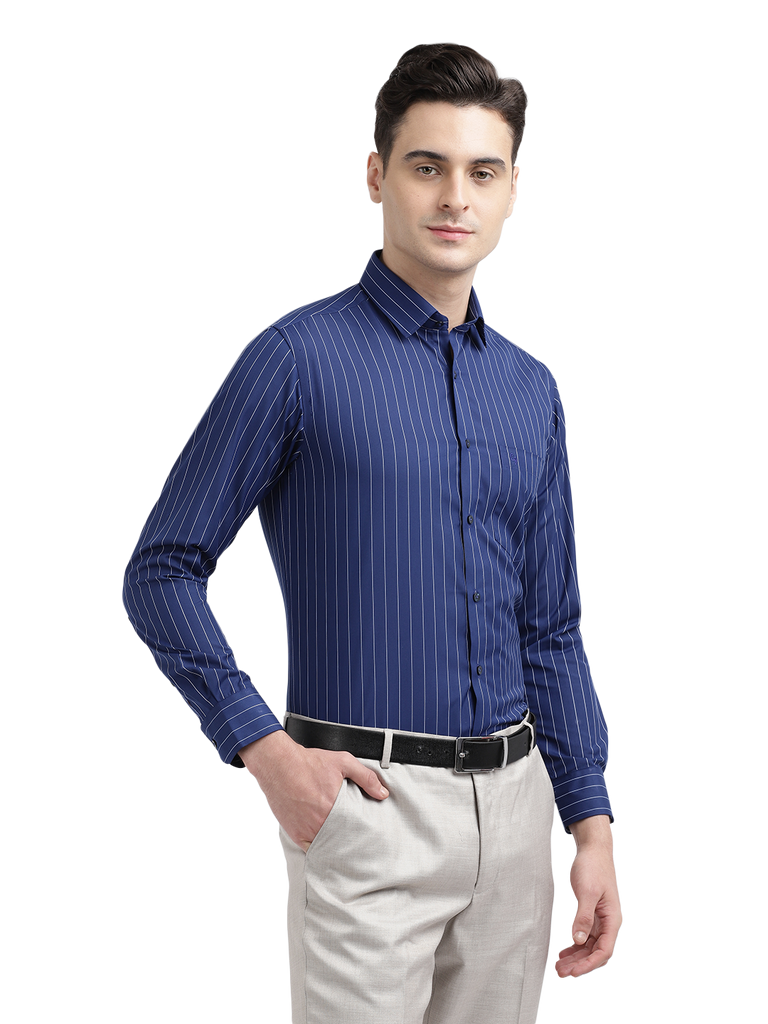 Model wearing Clarke Gable's Navy Blue Striped Formal Shirt in a casual setting