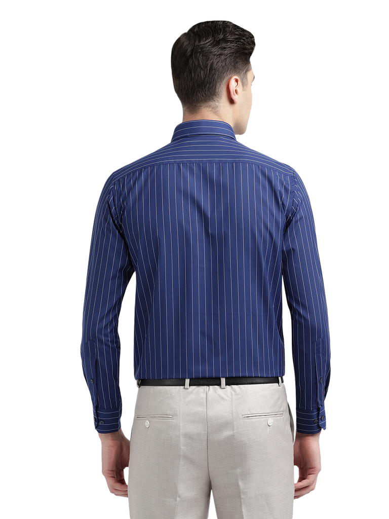 Model wearing Clarke Gable's Navy Blue Striped Formal Shirt in a casual setting