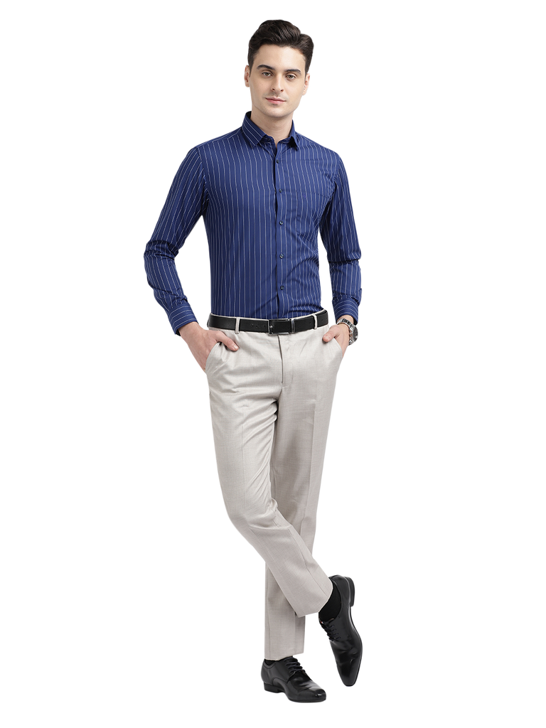 Model wearing Clarke Gable's Navy Blue Striped Formal Shirt in a casual setting