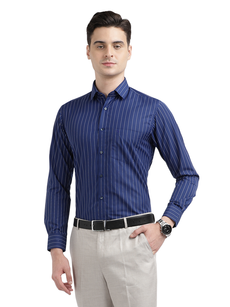 Model wearing Clarke Gable's Navy Blue Striped Formal Shirt in a casual setting